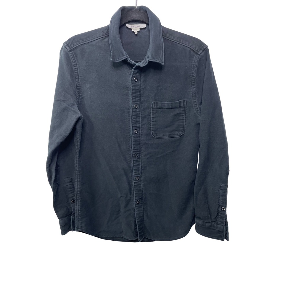 FRAME Mens Black Slim Fit Long Sleeve‎ Single Pocket Cotton Shirt Thrashed READ